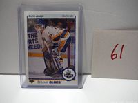 Front of Curtis Joseph rookie hockey card in protective sleeve, showing player in St. Louis Blues uniform with goalie gear.