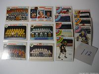 Multiple 1977-78 O-Pee-Chee NHL hockey cards arranged: team photos for various NHL teams and player cards.
