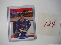 Front of Mats Sundin rookie hockey card in protective plastic sleeve showing player in Quebec Nordiques jersey.