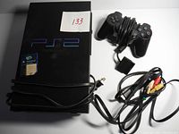 Top view of the PlayStation 2 console showing the PS2 logo with the power cord, wired controller, memory card, and composite AV cable placed next to it.