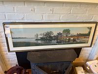 Full view of the framed vintage Chinese silk tapestry wall art showing the panoramic landscape with pavilion and bridge.