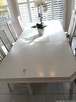 Top-down view of white dining table with plant centerpiece showing surface and wear.
