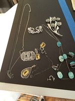Collection of silver necklaces, earrings and a floral pin on a dark surface showing variety of styles and stones.