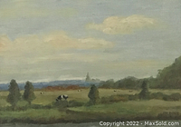 Close-up view of painting showing cows grazing in the field with trees and cloudy sky in background, highlighting the oil paint texture.