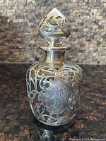 Frontal view of bottle and stopper showing overall shape, overlay pattern, and condition