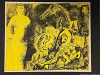 Coloured print with nude figure, horse head and abstract shapes on yellow background