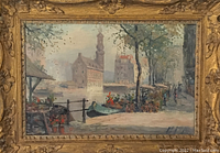 Tight overall view of painting and frame, showing entire composition and ornate gold gilt carved molding.