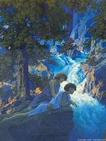 Close-up of two female figures and waterfall
