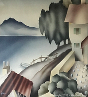 Close-up of painting showing coastal scene with house, trees, mountains and a boat
