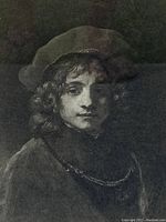 Close-up of the etching showing the portrait of a young male with curly hair and hat, wearing a chain.