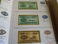 Three uncirculated banknotes mounted in folio: green and brown bills depicting boat, airplane, truck