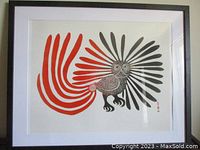 Framed serigraph print displayed on wall, wood frame with white mat and glass covering