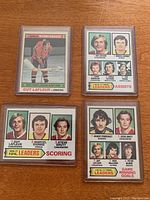 Four vintage Guy Lafleur hockey cards in protective plastic sleeves showing front images and stats.