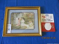 Framed 'Tricia Romance' picture with gold-tone frame alongside unopened picture hanger set, displayed on blue cloth background.