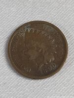 Obverse of 1890 Indian Head penny showing Native American chief in feather headdress with date.