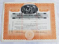 Front view of the Kozak Gold Mines Limited share certificate showing the detailed decorative orange border, black and white vignette of miners, and printed text including 1000 shares issued.