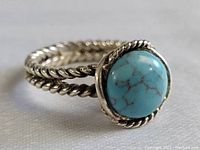 Close-up side-angle view of the silver ring band and turquoise gemstone showing twisted rope band design and bezel setting.