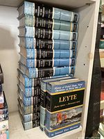Full view of the volumes stacked on the shelf, showing blue dust jackets and titles on spines.