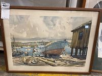 Full view of framed print showing harbor scene with man painting a boat, signed by Gordon Grant.