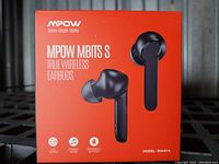 Front box of MPOW MBITS S true wireless earbuds, model BH814A, showing earbuds image, brand, and key features like HD sound, stereo bass, and powerful battery.