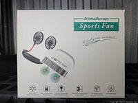Photo of the product packaging showing the aromatherapy sports neck fan with dual fans and key features.