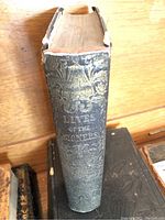 Spine of thick antique book titled 'Lives of the Signers' with wear on leather and gilded text