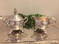 Photo showing both the sugar bowl with lid and the milk server on a reflective surface with greenery in the background.