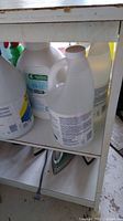 Photo showing large plastic bottles of cleaning products stored inside the cabinet on a bottom shelf, including unidentified white bottles and greenery spray bottle.