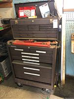 Full view of stacked Kennedy top chest and rolling lower cabinet in workshop setting.