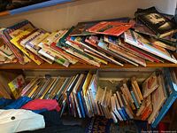 Wide view of multiple stacks of various children's books on shelves and on the floor.
