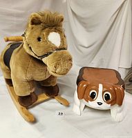 Photo showing the child’s plush rocking horse with wood rockers and a brown and white dog-shaped potty-training seat together.