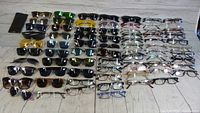 Top down view of all 74 assorted sunglasses and eyeglasses laid out in rows showing varying styles and colors.