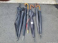 Seven assorted umbrellas arranged upright to show handles and canopy color.