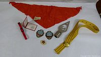 Photo showing all items in the lot including red scarf, badges, yellow belt, steel flag topper, red ribbon, and cocarde.