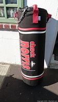 Full view of the black punching/kicking bag with Chuck Norris branding and red handles set outside near a window.