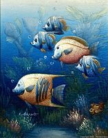 View of the full oil painting depicting tropical fish underwater, signed C. Benolt.