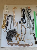 Top view of all necklaces laid out on white background showcasing variety of styles and colors.