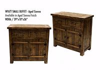 Front and angled view of small wooden buffet in aged sienna finish