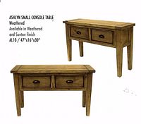 Promotional image showing the Ark small console table in Suntan Brown finish with two drawers