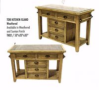 Promotional render showing front and side views of the island with text overlay of model, dimensions and finish