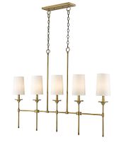 Front view of the 5 light linear chandelier with rubbed brass finish and white cylindrical shades, hanging from two chains on a rectangular ceiling mount.