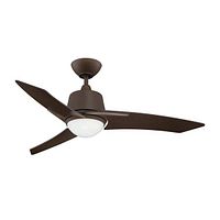 Photo of 44-inch Oil Rubbed Bronze ceiling fan with three blades and integrated LED light, view from below.
