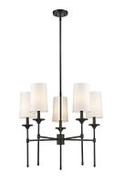 Front view of a black metal chandelier with five white fabric cylindrical shades