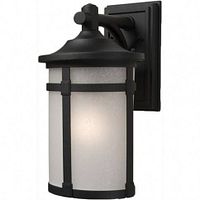 Photo of medium black outdoor wall light with frosted glass cylindrical shade and metal framing.