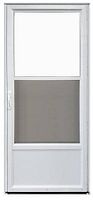 Front view of white aluminum Everlast screen door showing two-lite design and bottom mount screen.