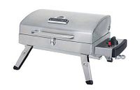 Front angle view of stainless steel tabletop propane BBQ grill showing hinged lid, foldable legs, ignition knob and drip tray