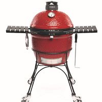 Complete Kamado Joe Classic II 18" charcoal grill on black steel cart with folding side tables, air lift hinge and locking caster wheels