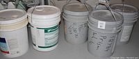 Overall shot of five 5-gallon paint buckets side by side; shows mix of printed and handwritten labels