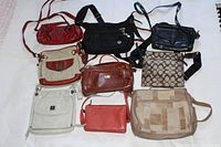 Photo of 9 purses arranged in 3 rows on white surface showing various styles including handbag, crossbody and shoulder bags in colors red, black, tan, brown, cream, and patterned patchwork.