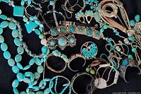 Top-down view showing assorted faux turquoise jewelry pieces including multi-strand necklaces, bracelets, and earrings.